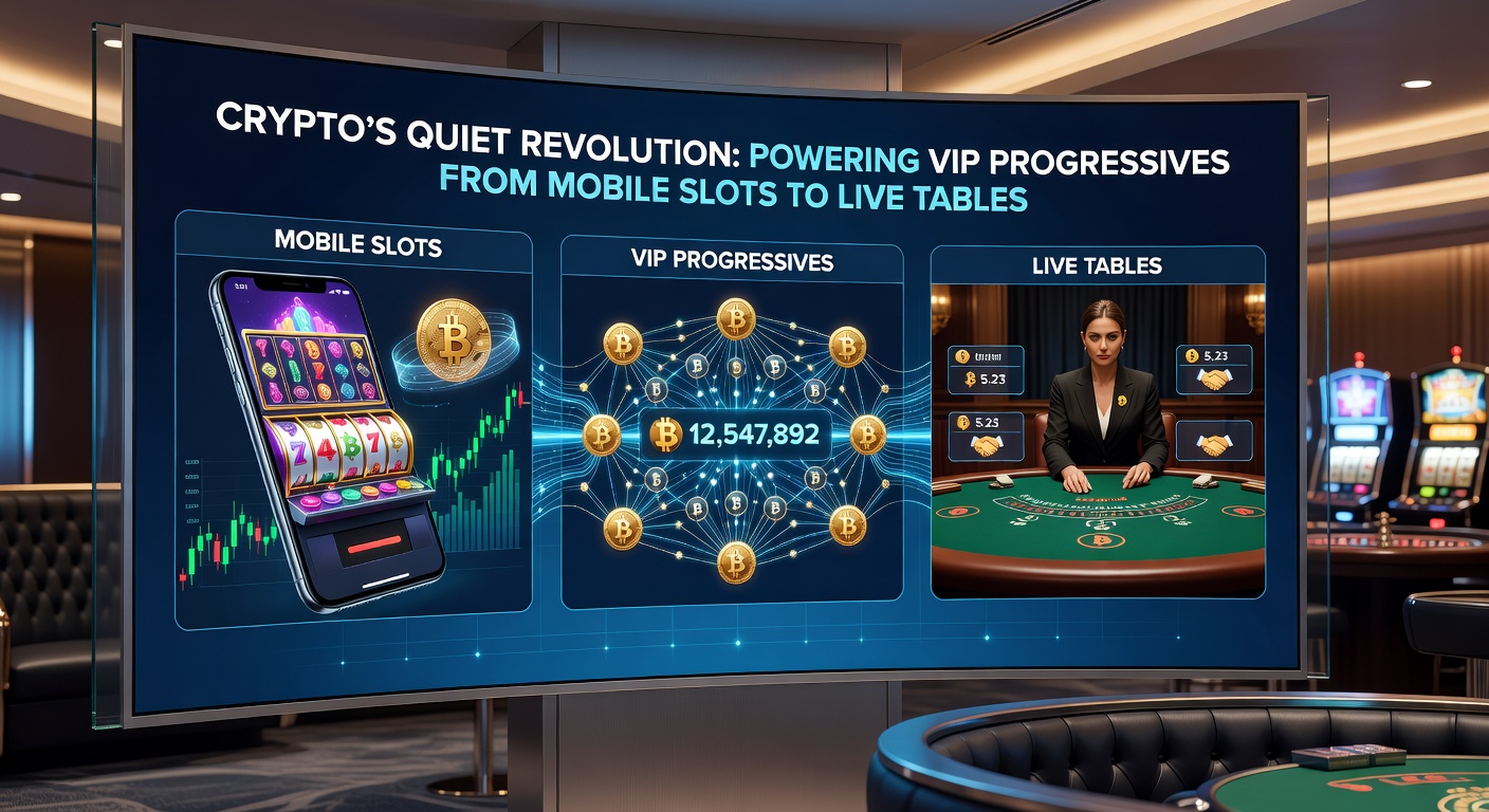Live-Casino-Tisch mit Krypto-Progressive-Jackpot-Anzeige und mobilen Slot-Integration
